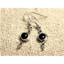 BO211 - 925 Silver Earrings 26mm - Black Onyx Round 7mm 