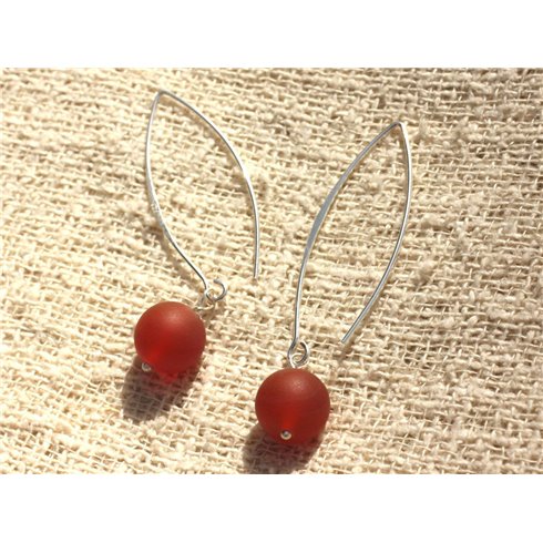 Boucles d'Oreilles Argent 925 40mm - Agate Rouge Mat 10mm