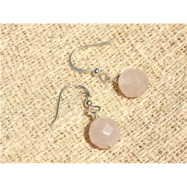 Boucles d'Oreilles Argent 925 et Pierre - Quartz Rose Boules Facettées 10mm 