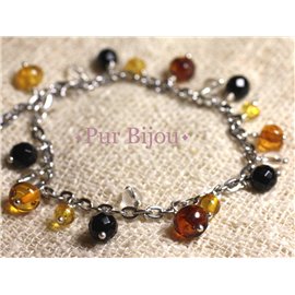 Amber and Stone Bracelet - Onyx - Crystal - Silver and Steel