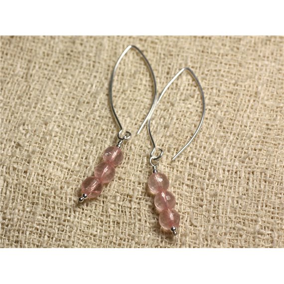 Boucles d'Oreilles Argent 925 Crochets 40mm - Quartz Rose Facetté 6mm 