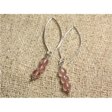 Boucles d'Oreilles Argent 925 Crochets 40mm - Quartz Rose Facetté 6mm 