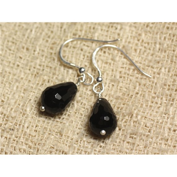 Boucles d'Oreilles Argent 925 - Onyx Noir Gouttes facettées 12x8mm 