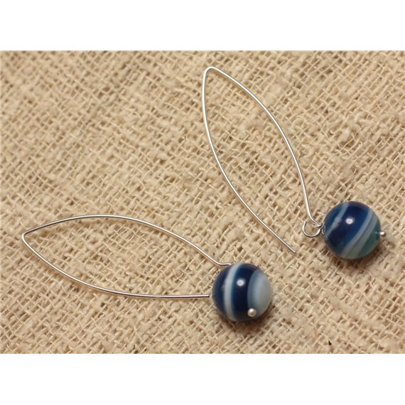 Boucles d'Oreilles Agate Bleue et longs crochets Argent 925 