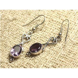 BO208 - 925 Sterling Silver Earrings 26mm - Faceted Amethyst 8x6mm 