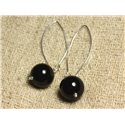 Boucles d'Oreilles Argent 925 Crochets 40mm - Onyx Noir Boules 14mm 