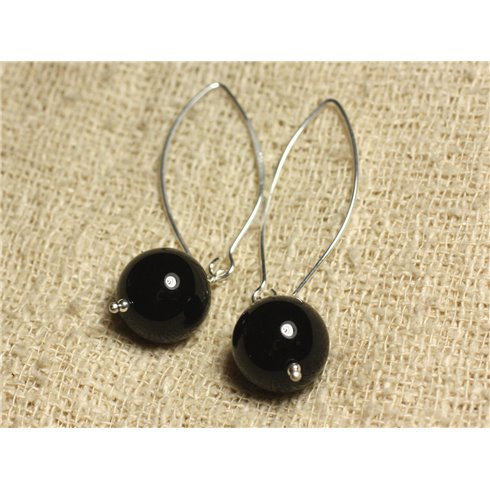 Boucles d'Oreilles Argent 925 Crochets 40mm - Onyx Noir Boules 14mm 