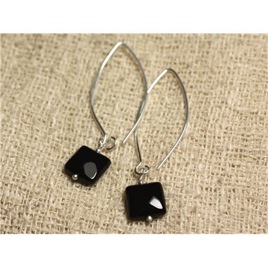 Boucles d'Oreilles Argent 925 Crochets 40mm - Onyx Noir Carrés facettés 10mm 