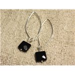 Boucles d'Oreilles Argent 925 Crochets 40mm - Onyx Noir Carrés facettés 10mm 