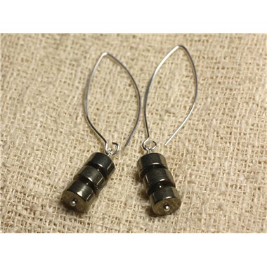 Boucles d'Oreilles Argent 925 Crochets 40mm - Pyrite dorée Rondelles 8x4mm 