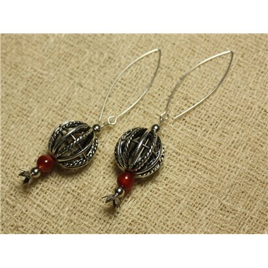 Boucles d'Oreilles Argent 925 Perle Rhodium et Agate Rouge 