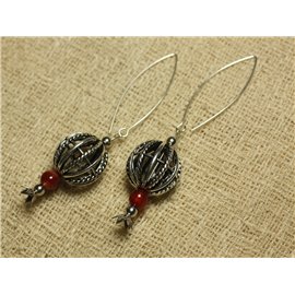 Rhodium Pearl and Red Agate 925 Silver Earrings 