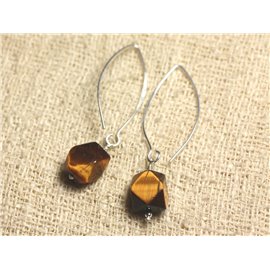 925 Silver Earrings 40mm Hooks - Tiger Eye Faceted Nuggets 12x9mm 