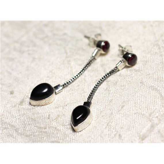 BO240 - Boucles d'Oreilles Argent 925 et Pierre Onyx Grenat Pendantes Chaîne 45mm 