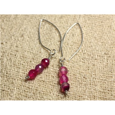 Boucles d'Oreilles Argent 925 Crochets 40mm - Agate Rose Facettée 6mm 