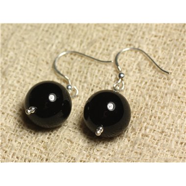 Boucles d'Oreilles Argent 925 - Onyx Noir Boules 14mm 