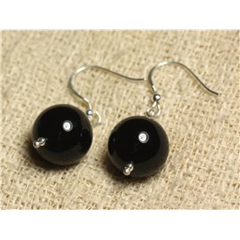 925 Silver Earrings - Black Onyx Balls 14mm 