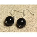 Boucles d'Oreilles Argent 925 - Onyx Noir Boules 14mm 