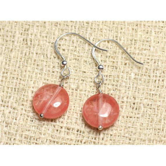 Boucles d'Oreilles Argent 925 et Pierre - Quartz Cerise Palets 12mm 