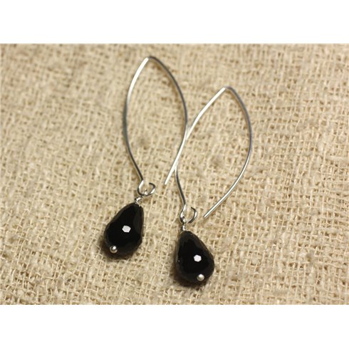 Boucles d'Oreilles Argent 925 Crochets 40mm - Onyx Noir Gouttes facettées 12x8mm 