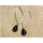 Boucles d'Oreilles Argent 925 Crochets 40mm - Onyx Noir Gouttes facettées 12x8mm 