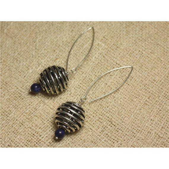 Boucles d'Oreilles Argent 925 Perle Rhodium 18mm et Lapis 