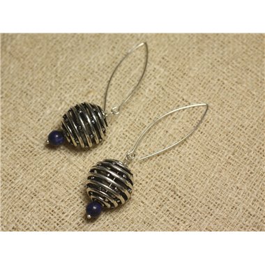 Boucles d'Oreilles Argent 925 Perle Rhodium 18mm et Lapis 