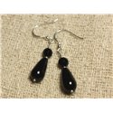 Boucles d'Oreilles Argent 925 - Onyx Noir Gouttes 15x8mm et rondes Facettées 6mm 