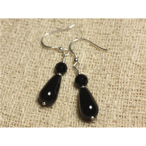 Boucles d'Oreilles Argent 925 - Onyx Noir Gouttes 15x8mm et rondes Facettées 6mm 