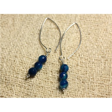 Boucles d'Oreilles Argent 925 Crochets 40mm - Agate bleue Facettée 6mm 