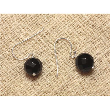 Boucles d'Oreilles Argent 925 et Onyx Noir Facetté 10mm 