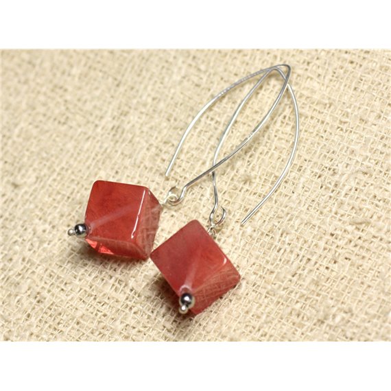 Boucles d'Oreilles Argent 925 et Pierre - Quartz Cerise Cubes 15mm 