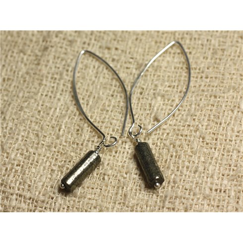 Boucles d'Oreilles Argent 925 Crochets 40mm - Pyrite dorée Colonnes 13x4mm 