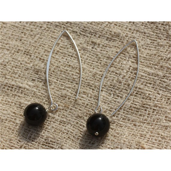 Boucles d'Oreilles Argent 925 40mm - Obsidienne Noire 10mm 