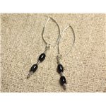 Boucles d'Oreilles Argent 925 Crochets 40mm - Oeil de Faucon Olives 7x5mm 