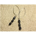 Boucles d'Oreilles Argent 925 Crochets 40mm - Oeil de Faucon Olives 7x5mm 