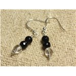 Boucles d'Oreilles Argent 925 - Onyx Noir et Cristal Quartz rondes Facettées 6mm 