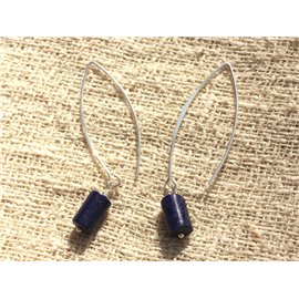 Boucles oreilles Argent 925 longs crochets et Lapis Lazuli Colonnes Tubes 10x6mm bleu nuit doré