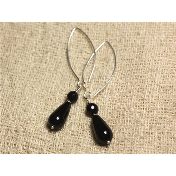 Boucles d'Oreilles Argent 925 Crochets 40mm - Onyx Noir Gouttes 15x8mm et rondes Facettées 6mm 