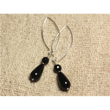 Boucles d'Oreilles Argent 925 Crochets 40mm - Onyx Noir Gouttes 15x8mm et rondes Facettées 6mm 