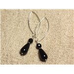 Boucles d'Oreilles Argent 925 Crochets 40mm - Onyx Noir Gouttes 15x8mm et rondes Facettées 6mm 