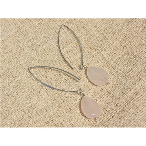 Boucles d'Oreilles Argent 925 et Pierre - Quartz Rose Gouttes plates 16x12mm 