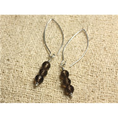 Boucles d'Oreilles Argent 925 Crochets 40mm - Quartz Fumé Facetté 6mm 