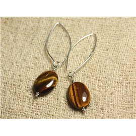 925 Silver Earrings 40mm Hooks - Tiger Eye Oval 18x13mm 