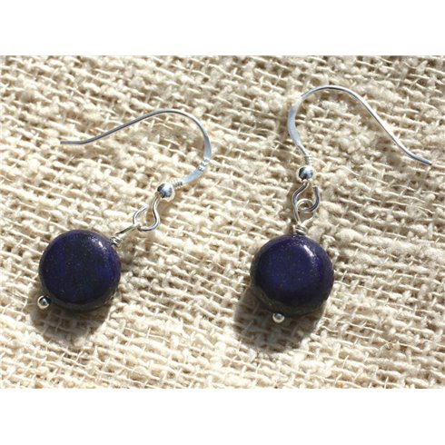 Boucles d'Oreilles Argent 925 et Pierre Lapis Lazuli Palets 10mm 