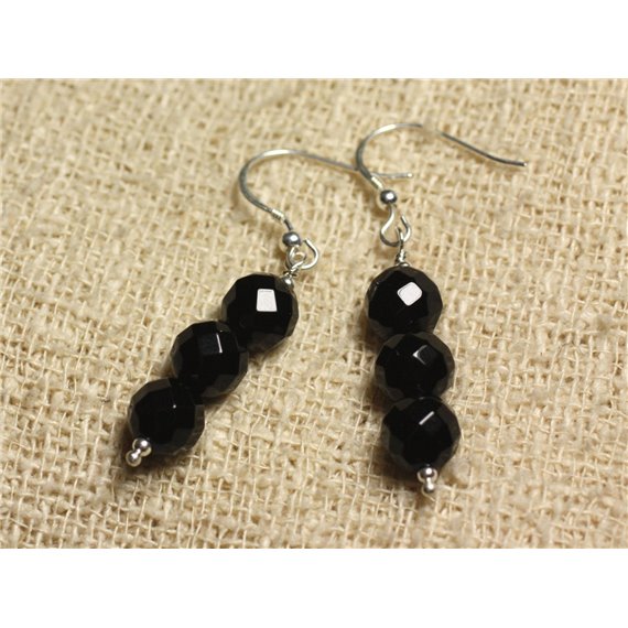 Boucles d'Oreilles Argent 925 - Onyx Noir perles rondes Facettées 8mm 