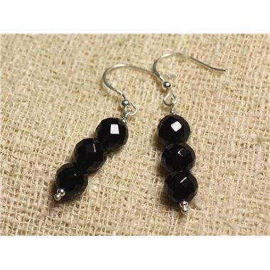 Boucles d'Oreilles Argent 925 - Onyx Noir perles rondes Facettées 8mm 