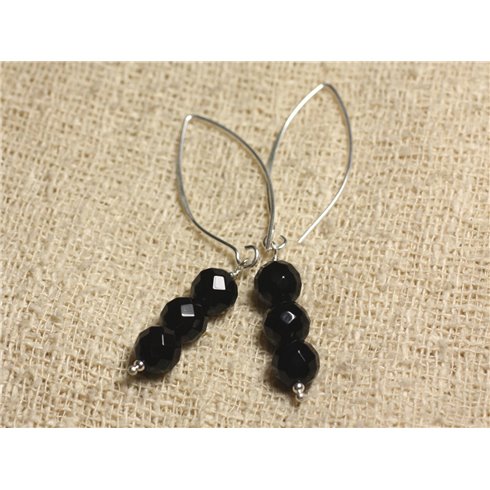 Boucles d'Oreilles Argent 925 Crochets 40mm - Onyx Noir perles rondes Facettées 8mm 