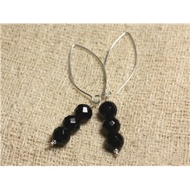 925 Silver Earrings 40mm Hooks - Black Onyx faceted round beads 8mm 