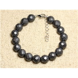 Bracelet Silver 925 and Stone - Hematite Faceted Balls Matt 10mm 